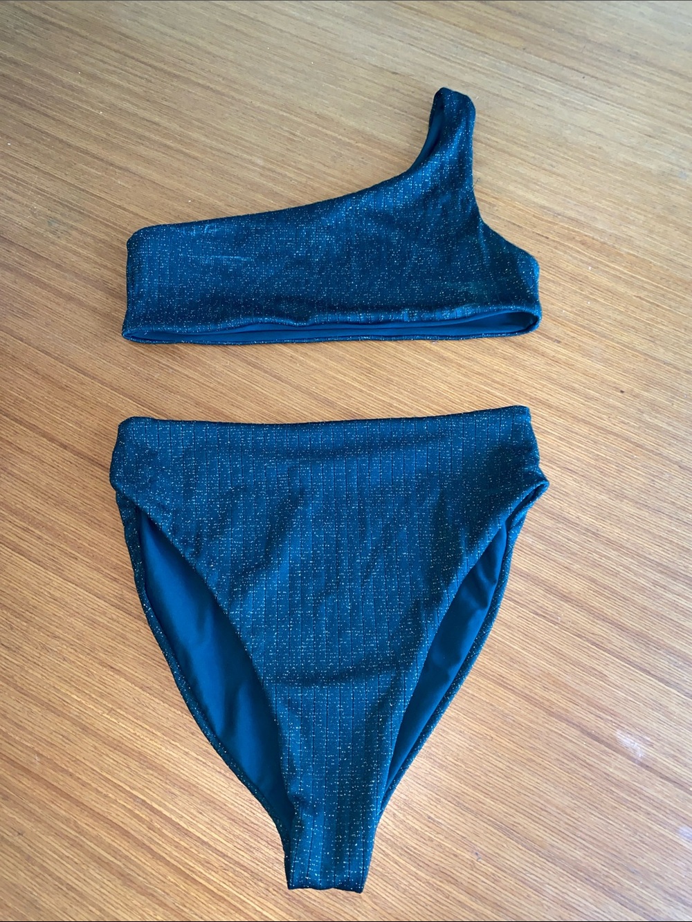 Skatie Teal One-Shoulder Glitter Bikini Set Ellis Top and bottoms Large